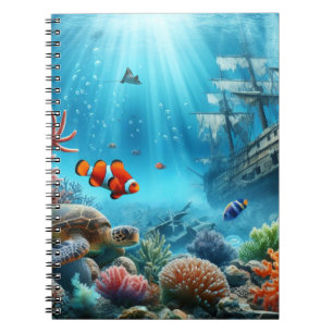 Under the sea, turtle, coral, ship, clown fish notebook
