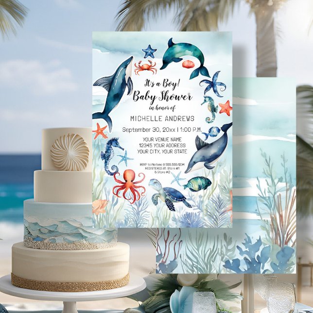 Under the Sea Turtle Dolphin Blue Boy Baby Shower Invitation (Creator Uploaded)
