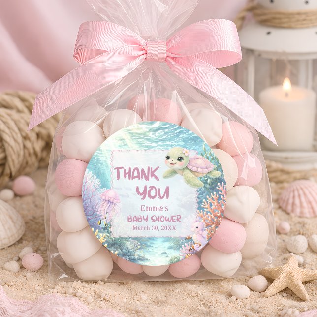 Under the Sea Turtle Girl Baby Shower Thank You Classic Round Sticker (Creator Uploaded)