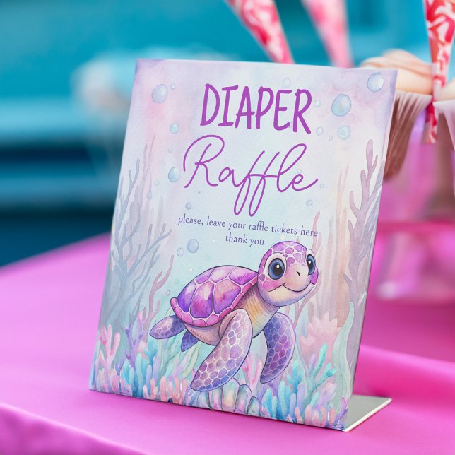 Under the sea turtle purple baby shower raffle pedestal sign (Under the sea cute turtle purple baby shower diaper raffle pedestal table sign personalized decor)