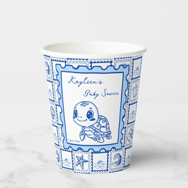 Under the sea turtle retro post stamp monogrammed paper cups (Front)