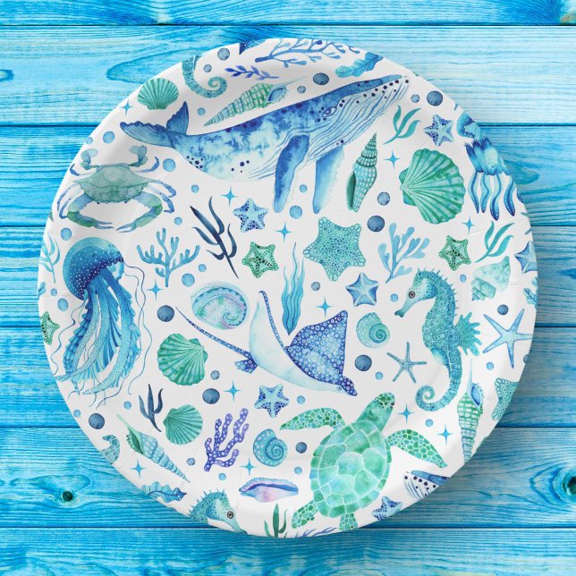 Under the Sea Watercolor Blue Whale, Jellyfish Paper Plate (Under the Sea Watercolor Blue Whale, Jellyfish Paper Plates)