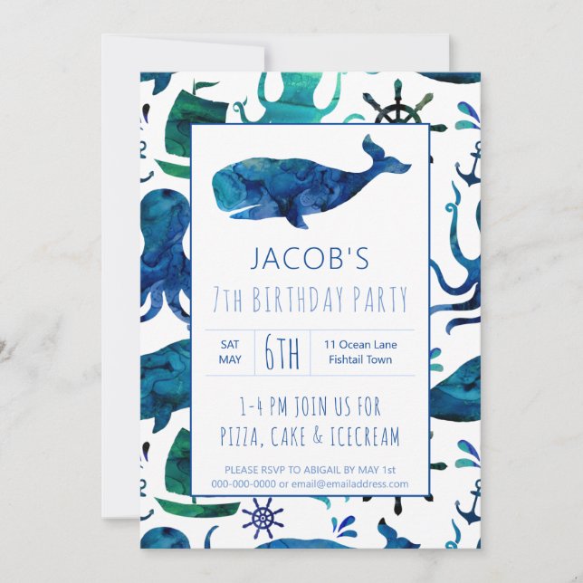Under The Sea Watercolor Kids Whale Birthday Invitation (Front)