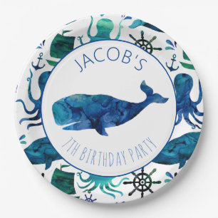 Under The Sea Watercolor Ocean Whale Birthday Paper Plate