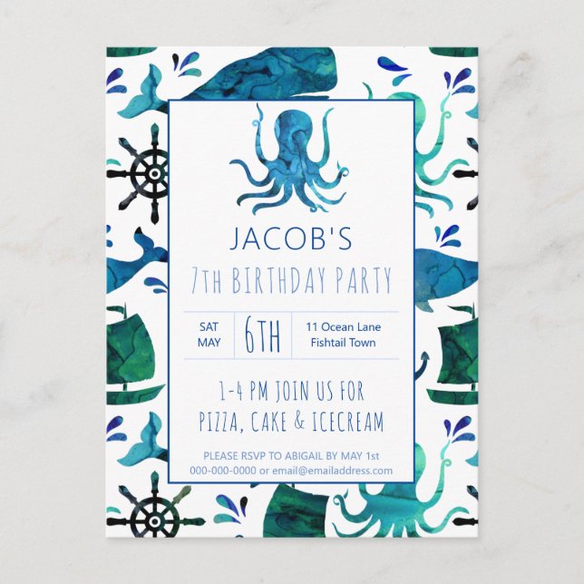 Under The Sea Watercolor Octopus Birthday Nautical Invitation Postcard (Front)
