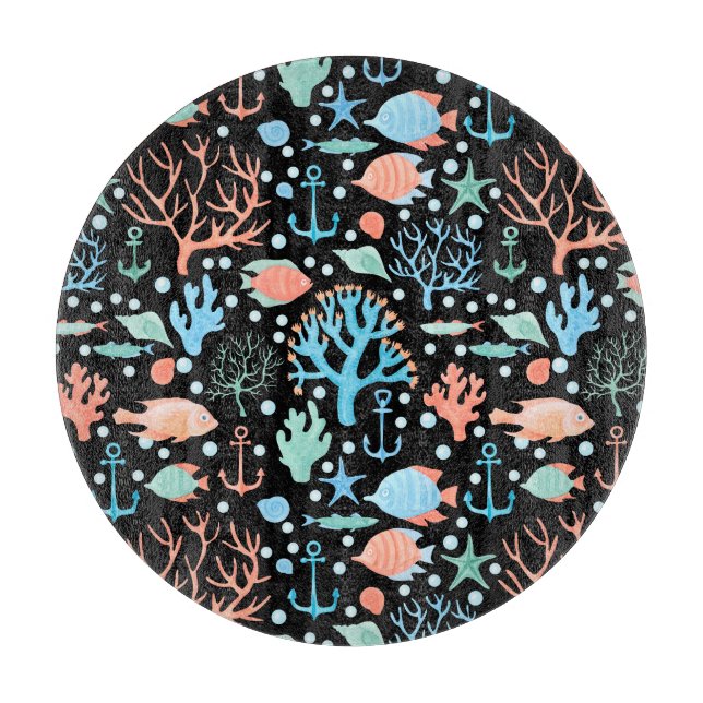 Under the Sea Watercolor Pattern Dark  Cutting Board (Front)