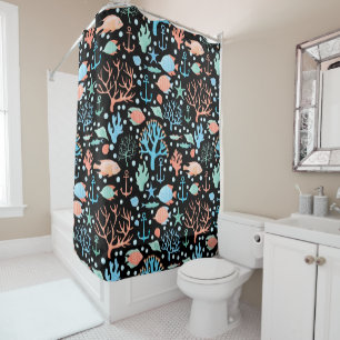 Under the Sea Watercolor Pattern Dark Shower Curtain