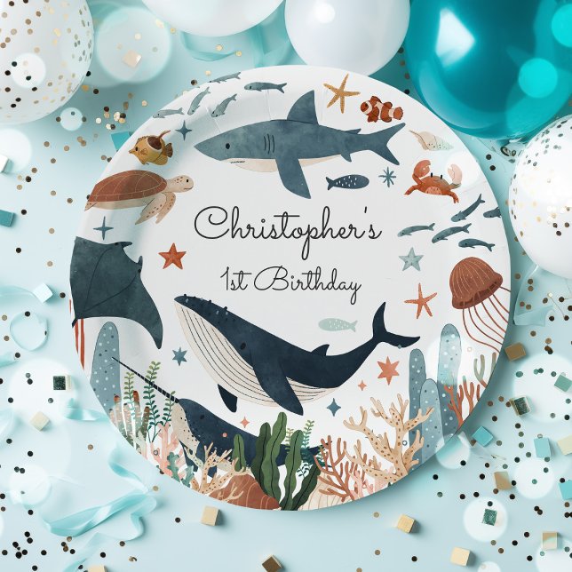 Under the Sea Whale Shark Sea Life 1st Birthday Paper Plate (Creator Uploaded)