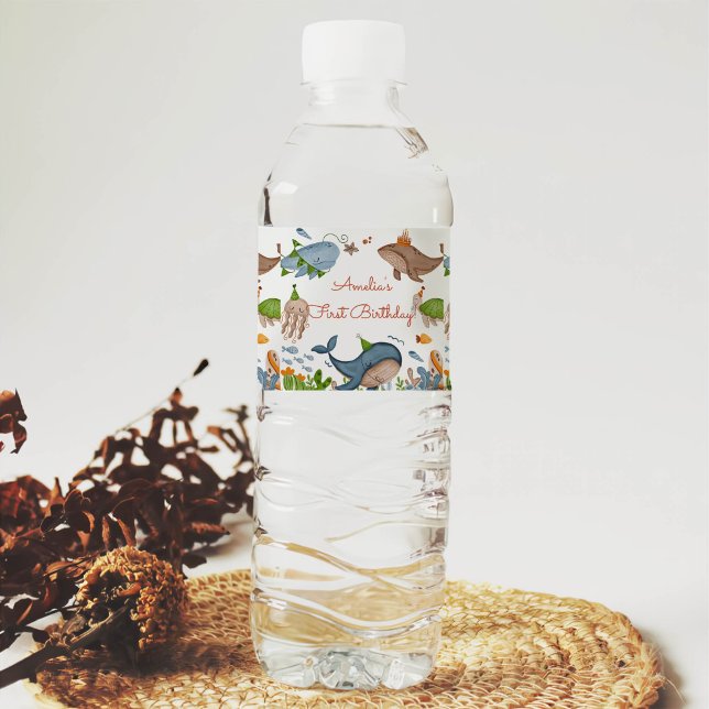 Under the Sea Whale Shark Sea Life 1st Birthday Water Bottle Label (Creator Uploaded)