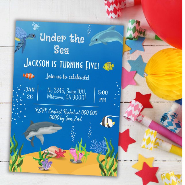 Under the sea whale turtle shark fish 5th birthday invitation (Creator Uploaded)