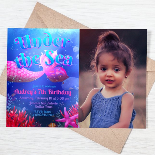 Under the Sea with Photo Landscape Invitation (Under the Sea - Mermaid Girl Landscape Invitation with Photo)