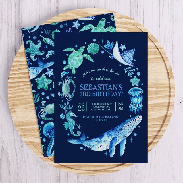 Under the Sea with Whales, Jellyfish, Sea Horses Invitation (Elegant sea life watercolor illustrations on a deep blue background create an elegant combination! )