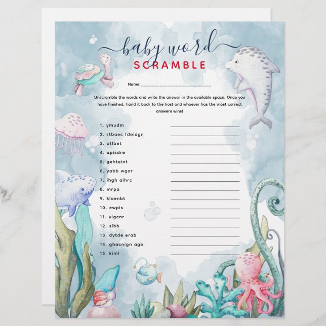 Under-the-Sea 'Word Scramble' Baby Shower Game (Front/Back)
