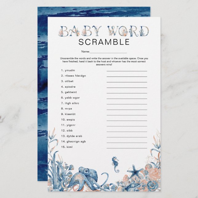 Under the Sea 'Word Scramble' Game Baby Shower  (Front/Back)