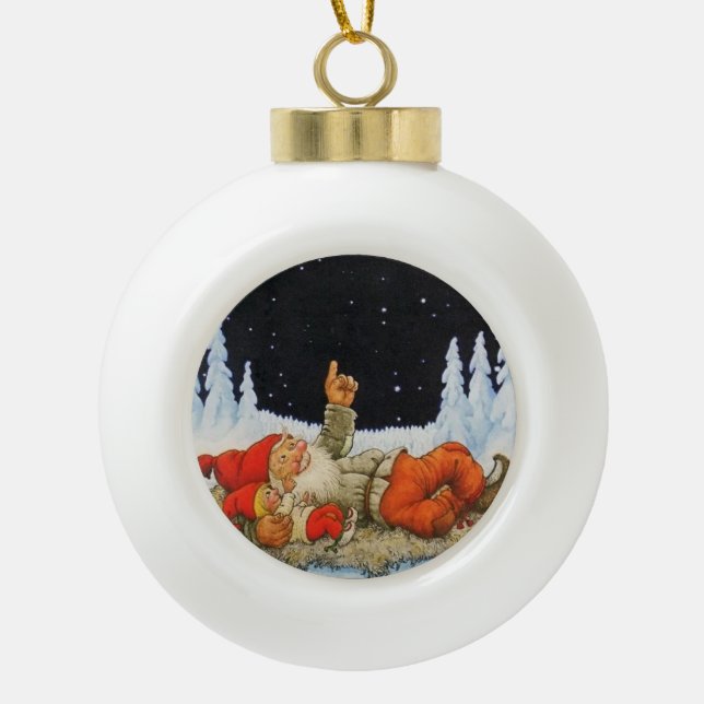 “Under the Stars” Gnomes by Jenny Nystrom Ceramic Ball Christmas Ornament (Front)