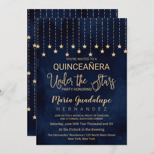Under the Stars Navy Blue Gold Sparkle Quinceañera Invitation (Front/Back)