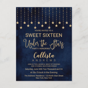 Under the Stars Navy Blue Gold Sparkles Sweet 16 Invitation Postcard