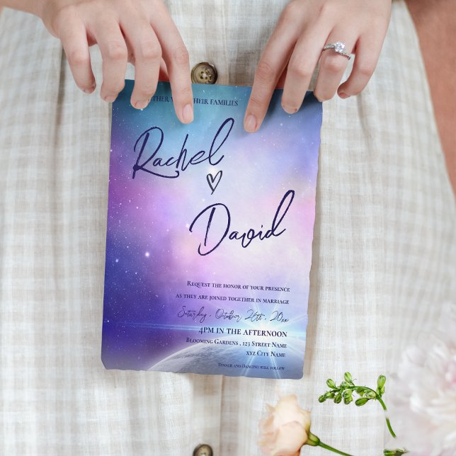 Under the Stars Purple Pink Typography  Wedding (Under the Stars Purple Pink Typography Wedding Invitation)