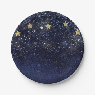Under The Stars Starry Night Gold Blue Prom Party Paper Plate