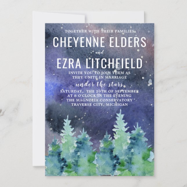 Under The Stars Watercolor Night Wedding Invitation (Front)