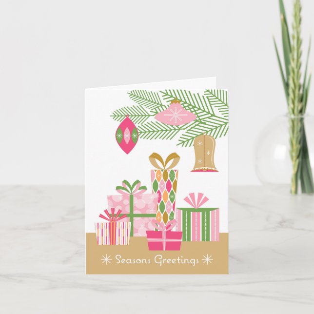 Under the Tree Retro Christmas Card -Pink (Front)