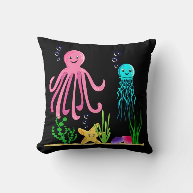 Under the Waves Sea Creatures Black Cushion (Front)