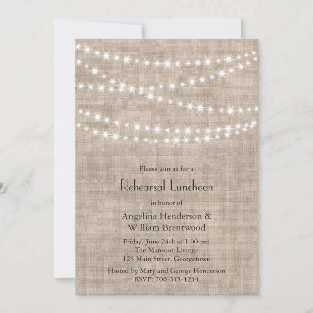 Under Twinkle Lights on Burlap Rehearsal Luncheon Invitation (Front)