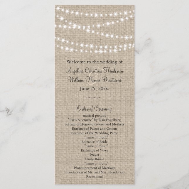 Under Twinkle Lights on Burlap Wedding Program (Front)