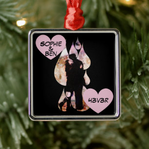 Under Umbrella: Romantic Couple Kissing in Rain Metal Ornament