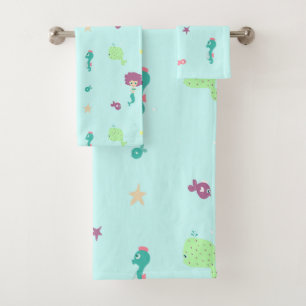 Under water creatures pattern blue bath towel set
