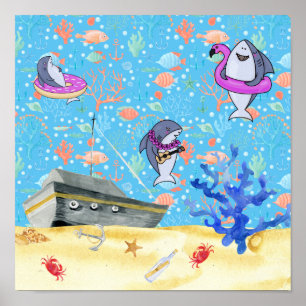 Under Water Deep  Sea Shark Party Time Kids Poster