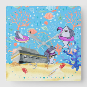 Under Water Deep Sea Shark Party Time Kids Square Wall Clock