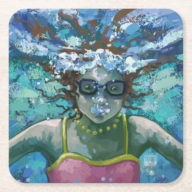 Under Water Swim Square Paper Coaster (Front)