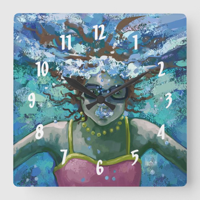 Under Water Swim Square Wall Clock (Front)