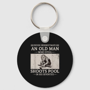 Underestimate an old man shoots pool in seventies key ring