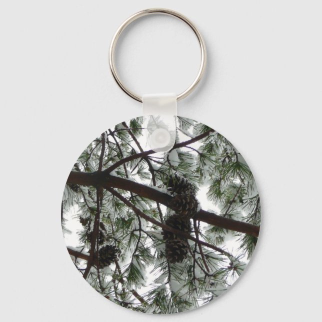 Underneath the Snow Covered Pine Tree Winter Photo Key Ring (Front)