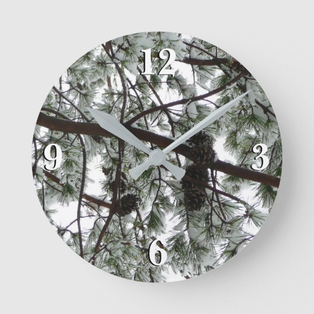 Underneath the Snow Covered Pine Tree Winter Photo Round Clock (Front)