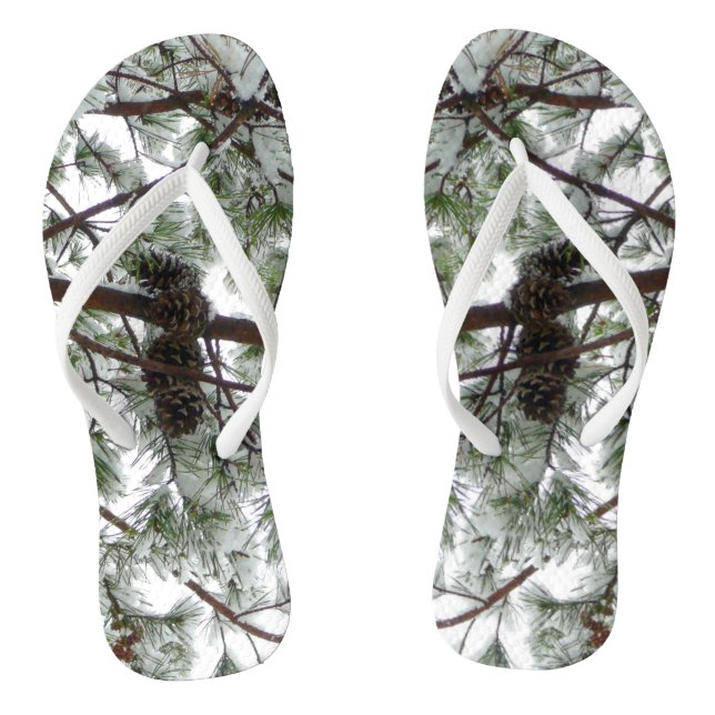 Underneath the Snow Covered Pine Tree Winter Photo Thongs (Footbed)