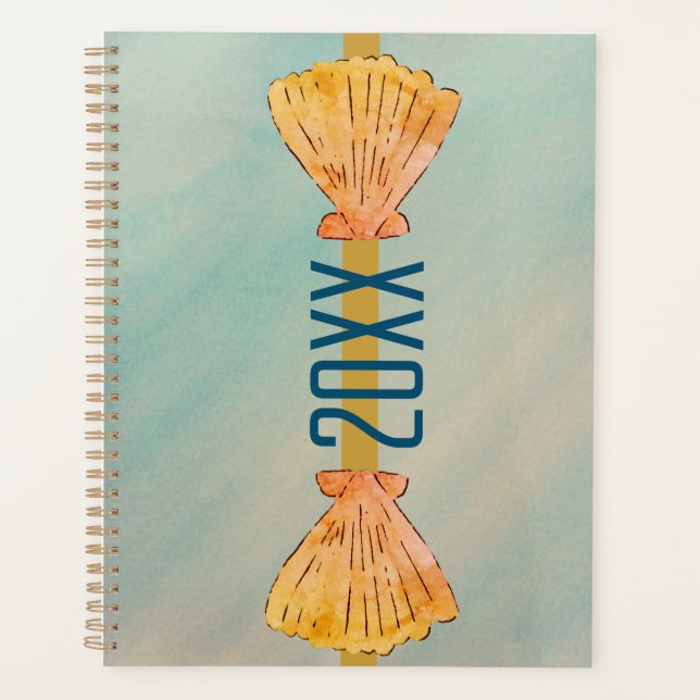 Undersea Blue Gold Watercolor Scallop Shells Planner (Front)