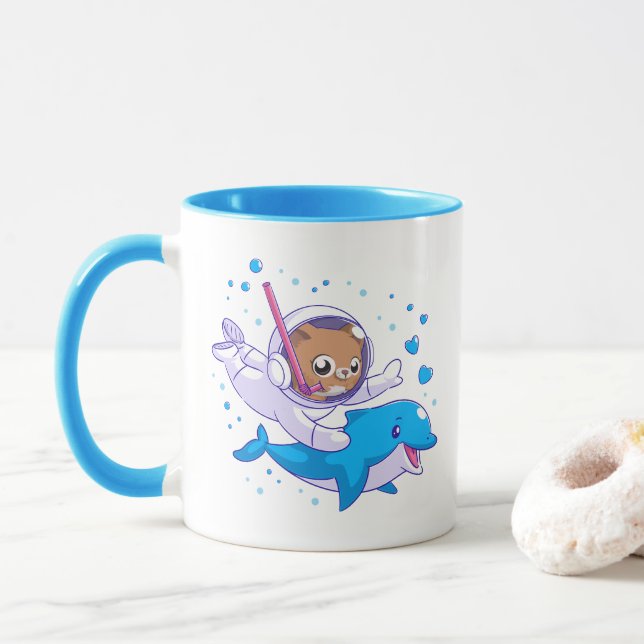 Undersea cat and dolphin mug (With Donut)
