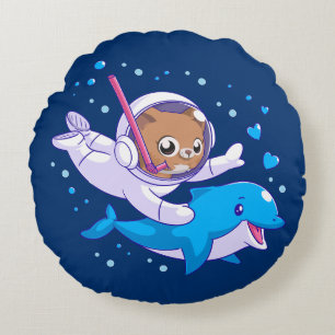 Undersea cat and dolphin round cushion