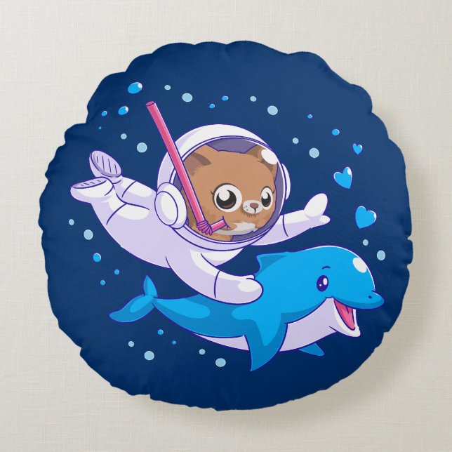 Undersea cat and dolphin round cushion (Front)