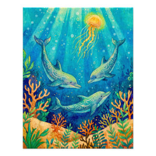 Undersea Dolphins with Jellyfish and Coral Reef Photo Print