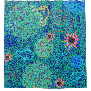 Undersea Mosaic Fish Seahorse Green Blue Pink Shower Curtain