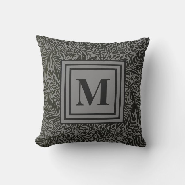 Understated Dark Grey Botanical Pattern Monogram Cushion (Front)