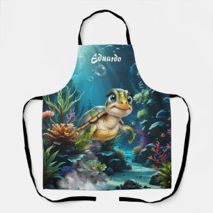 Underwater adventures with the cheerful turtle. apron