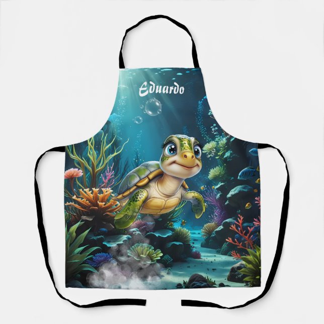 Underwater adventures with the cheerful turtle.  apron (Front)