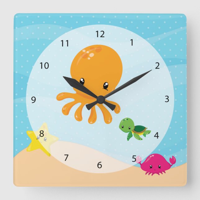 Underwater Animals Square Wall Clock (Front)