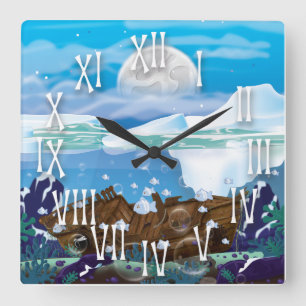 Underwater Arctic Shipwreck Square Wall Clock