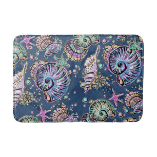 Underwater Blue Luxe   Pastel Gold Seashells Bath Mat